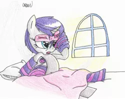 Size: 1950x1541 | Tagged: safe, artist:ethereal-desired, derpibooru import, rarity, pony, unicorn, bed, clothes, female, mare, morning ponies, open mouth, sleep mask, socks, solo, striped socks, traditional art, window