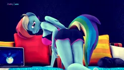 Size: 2981x1677 | Tagged: 3d, anthro, artist:loveslove, ass, bed, breasts, busty rainbow dash, clothes, computer, derpibooru import, female, laptop computer, looking at you, looking back, looking back at you, pillow, princess luna, rainbow dash, shorts, solo, solo female, source filmmaker, suggestive, tangible heavenly object