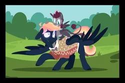 Size: 1600x1065 | Tagged: safe, artist:torusthescribe, derpibooru import, oc, oc:dwight fiction, oc:ridley, unofficial characters only, hippogriff, pegasus, pony, interspecies offspring, magical lesbian spawn, male, offspring, parent:gabby, parent:quibble pants, parent:rainbow dash, parent:scootaloo, parents:gabbyloo, parents:quibbledash, stallion