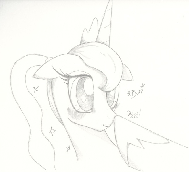 Size: 2563x2341 | Tagged: safe, artist:ethereal-desired, derpibooru import, princess luna, alicorn, pony, blushing, boop, burp, crown, eyelashes, female, floppy ears, implied princess celestia, jewelry, mare, monochrome, noseboop, ponytail, regalia, traditional art