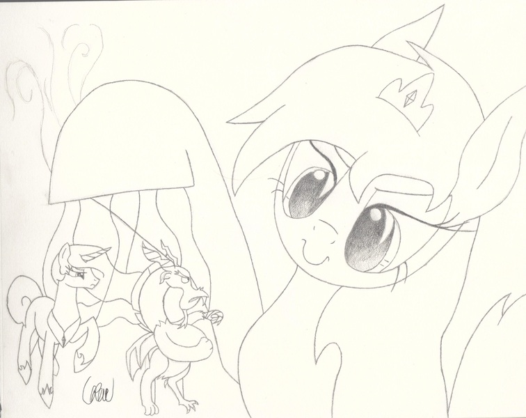 Size: 2997x2377 | Tagged: safe, artist:ethereal-desired, derpibooru import, discord, princess celestia, oc, draconequus, pony, crown, evil grin, grin, jewelry, marionette, monochrome, regalia, smiling, traditional art