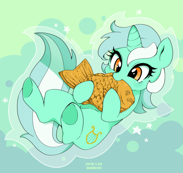 Size: 1500x1420 | Tagged: safe, artist:potetecyu_to, derpibooru import, lyra heartstrings, fish, pony, unicorn, abstract background, cute, eating, female, food, lying, lyrabetes, mare, nom, on back, solo, taiyaki, underhoof