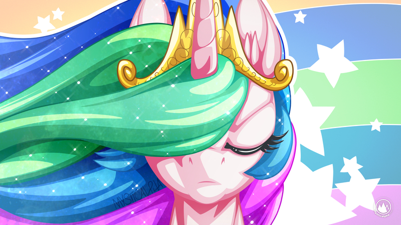 Size: 1920x1080 | Tagged: safe, artist:mysticalpha, derpibooru import, princess celestia, alicorn, pony, bust, crown, ethereal mane, eyelashes, eyes closed, female, flowing mane, frown, jewelry, lighting, mare, multicolored mane, portrait, praise the sun, rainbow background, regalia, royalty, serious, solo, sparkles, stars, tiara, wallpaper