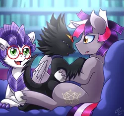 Size: 1071x1000 | Tagged: suggestive, artist:vavacung, derpibooru import, oc, oc:alternate dawn, oc:serene (crazy future), oc:sparity, unofficial characters only, dracony, hybrid, unicorn, wyvern, glasses, implied group sex, implied sex, implied threesome, interspecies offspring, male, oc x oc, offspring, offspring shipping, parent:rarity, parent:spike, parent:twilight sparkle, parents:sparity, shipping, stallion, twilight's castle, unshorn fetlocks, wyvern want to play too