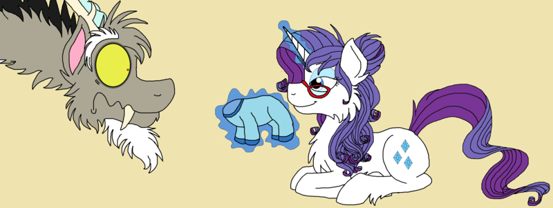 Size: 3104x1168 | Tagged: safe, artist:rosefang16, derpibooru import, discord, rarity, pony, female, glasses, magic, male, onesie, prone, raricord, shipping, simple background, straight, tan background