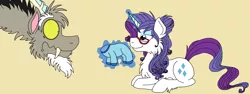 Size: 3104x1168 | Tagged: safe, artist:rosefang16, derpibooru import, discord, rarity, pony, female, glasses, magic, male, onesie, prone, raricord, shipping, simple background, straight, tan background