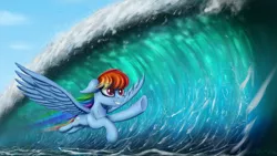 Size: 1600x900 | Tagged: safe, artist:adagiostring, derpibooru import, rainbow dash, pegasus, pony, flying, smiling, solo, spread wings, wave, wings