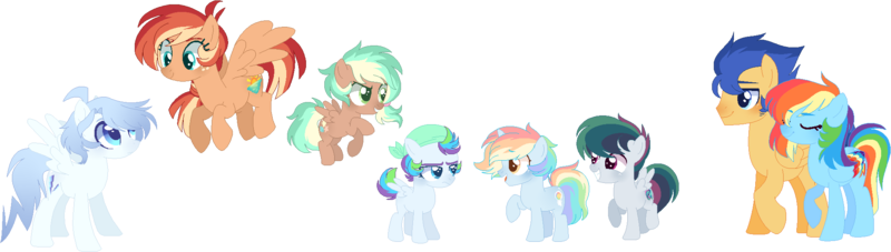 Size: 1991x565 | Tagged: safe, artist:s1nb0y, derpibooru import, flash sentry, rainbow dash, oc, oc:athena, oc:crescent skies, oc:monochromatic disaster, oc:rainbow ring, oc:sea tide, oc:thunder riot, pony, unicorn, colored wings, colt, family, female, filly, flashdash, male, mare, multicolored wings, offspring, parent:flash sentry, parent:rainbow dash, parents:flashdash, rainbow wings, shipping, simple background, straight, transparent background