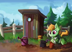 Size: 1600x1172 | Tagged: safe, artist:saxopi, derpibooru import, oc, unofficial characters only, earth pony, pony, clothes, fence, flower, garden, gloves, outhouse, planting, scenery, solo, tree, watering can