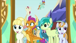 Size: 1920x1080 | Tagged: safe, derpibooru import, screencap, berry blend, berry bliss, gallus, ocellus, peppermint goldylinks, sandbar, smolder, sugar maple, summer breeze, summer meadow, yona, dragon, earth pony, gryphon, pegasus, pony, unicorn, school daze, background pony, bow, brat, crossed arms, cutie mark, dragoness, excited, female, flying, friendship student, hair bow, hair bun, horns, male, mare, raised eyebrow, school of friendship, smolder is not amused, stallion, teenaged dragon, teenager, unimpressed, wings, young mare