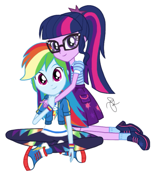 Size: 1818x2048 | Tagged: safe, artist:ilaria122, derpibooru import, rainbow dash, sci-twi, twilight sparkle, equestria girls, equestria girls series, clothes, converse, female, geode of super speed, geode of telekinesis, glasses, lesbian, magical geodes, not a vector, pants, ponytail, scitwidash, shipping, shoes, simple background, skirt, socks, transparent background, twidash