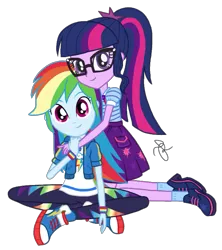 Size: 1818x2048 | Tagged: safe, artist:ilaria122, derpibooru import, rainbow dash, sci-twi, twilight sparkle, equestria girls, equestria girls series, clothes, converse, female, geode of super speed, geode of telekinesis, glasses, lesbian, magical geodes, not a vector, pants, ponytail, scitwidash, shipping, shoes, simple background, skirt, socks, transparent background, twidash