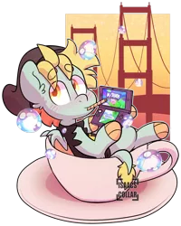 Size: 1024x1278 | Tagged: artist:isaacs-collar, blushing, bubble, clothes, cup, cute, derpibooru import, dracony, golden gate bridge, hybrid, male, nintendo ds, oc, oc:bb, safe, solo, teacup, unofficial characters only