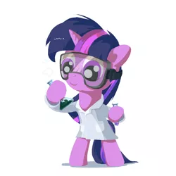 Size: 3000x3000 | Tagged: safe, artist:coldrivez, derpibooru import, twilight sparkle, pony, unicorn, atg 2017, bipedal, chemistry, clothes, cute, erlenmeyer flask, goggles, hoof hold, lab coat, looking at something, newbie artist training grounds, simple background, solo, test tube, unicorn twilight, white background