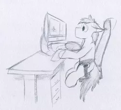 Size: 1694x1548 | Tagged: safe, artist:geljado, derpibooru import, oc, oc:broken symmetry, unofficial characters only, pony, computer, male, monochrome, quick draw, quick sketch, sitting, sketch, solo, traditional art