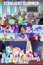 Size: 1864x2826 | Tagged: safe, derpibooru import, edit, edited screencap, screencap, angel bunny, applejack, fluttershy, pinkie pie, princess celestia, princess luna, rainbow dash, rarity, sandbar, silverstream, smolder, spike, starlight glimmer, sunburst, thorax, trixie, twilight sparkle, yona, changedling, changeling, classical hippogriff, dragon, hippogriff, yak, all bottled up, a royal problem, every little thing she does, school daze, to change a changeling, to where and back again, uncommon bond, caption, drama, friendship always wins, image macro, jewelry, king thorax, mane seven, mane six, meme, necklace, op started shit, starlight drama