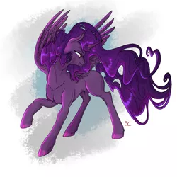 Size: 2000x2000 | Tagged: safe, artist:sourcherry, derpibooru import, oc, unofficial characters only, alicorn, pony, fallout equestria, fanfic, alicorn oc, artificial alicorn, fanfic art, female, hooves, horn, mare, muscles, mutant manual, purple alicorn (fo:e), raised hoof, solo, spread wings, wings