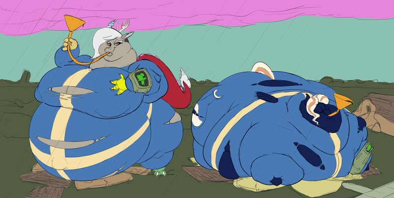 Size: 1562x787 | Tagged: questionable, artist:calorie, derpibooru import, discord, oc, anthro, bat pony, belly, big breasts, blob, breasts, chocolate, chocolate rain, eris, fallout, fat, food, huge breasts, huge eris, immobile, impossibly large belly, impossibly large breasts, macro, morbidly obese, near immobile, obese, pink cloud, rain, rule 63