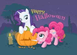 Size: 1024x726 | Tagged: safe, artist:diablera, derpibooru import, pinkie pie, rarity, earth pony, pony, unicorn, candle, duo, female, halloween, happy halloween, holiday, jack-o-lantern, knife, mare, night, pumpkin, stars