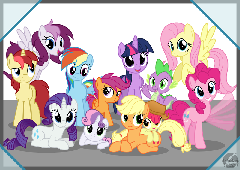 Size: 1052x744 | Tagged: safe, artist:ashidaru, derpibooru import, apple bloom, applejack, fluttershy, pinkie pie, rainbow dash, rarity, scootaloo, spike, sweetie belle, twilight sparkle, twilight sparkle (alicorn), oc, alicorn, pegasus, pony, unicorn, cutie mark crusaders, female, fourth wall, male, mane seven, mane six, mare, prone, scootalove, stallion, waving