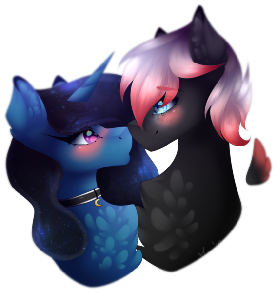 Size: 1024x1082 | Tagged: safe, artist:mauuwde, derpibooru import, oc, oc:hitomi, oc:moonheart, unofficial characters only, pegasus, pony, unicorn, bust, female, floating wings, male, mare, oc x oc, portrait, shipping, simple background, stallion, straight, transparent background