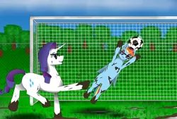 Size: 1024x691 | Tagged: safe, artist:zeronitroman, derpibooru import, rainbow dash, rarity, pony, field, football, goalie, sports