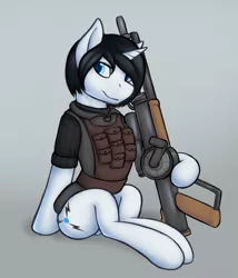 Size: 1860x2169 | Tagged: safe, artist:daf, derpibooru import, oc, oc:snowblind, unofficial characters only, pony, unicorn, fallout equestria, female, gauss rifle, gun, scribe, solo, weapon