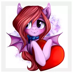 Size: 1500x1500 | Tagged: safe, artist:vird-gi, derpibooru import, oc, oc:mythic charm, unofficial characters only, bat pony, pony, bat pony oc, blushing, bowtie, cute, ear fluff, female, hair over one eye, heart, holding, mare, ocbetes, red hair, red mane, red tail, solo, spread wings, wings