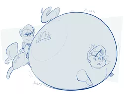 Size: 2453x1850 | Tagged: suggestive, artist:secretgoombaman12345, derpibooru import, diamond tiara, silver spoon, earth pony, pony, blueberry inflation, chubby diamond, diamondberry tiara, duo, duo female, female, immobile, inflation, monochrome, rolling, sketch, stretched cutie mark