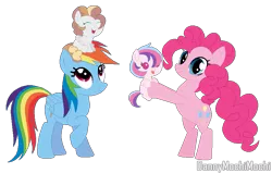 Size: 839x532 | Tagged: safe, artist:s1nb0y, derpibooru import, pinkie pie, rainbow dash, oc, oc:pasteletta, oc:smoky quartz, earth pony, pegasus, pony, baby, baby pony, female, filly, holding a pony, lesbian, magical lesbian spawn, offspring, parent:pinkie pie, parent:rainbow dash, parents:pinkiedash, pinkiedash, shipping, simple background, transparent background