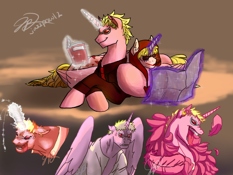 Size: 800x600 | Tagged: safe, artist:jazzprowl2, derpibooru import, ponified, alicorn, pony, angry, book, crossover, donquixote doflamingo, donquixote rosinante, magic, one piece, prone, reading, telekinesis, tongue out, vein bulge