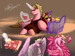 Size: 800x600 | Tagged: safe, artist:jazzprowl2, derpibooru import, ponified, alicorn, pony, angry, book, crossover, donquixote doflamingo, donquixote rosinante, magic, one piece, prone, reading, telekinesis, tongue out, vein bulge