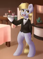 Size: 2200x3000 | Tagged: safe, artist:spirit-dude, derpibooru import, derpy hooves, pony, beverage, bipedal, chair, clothes, female, open mouth, restaurant, solo, suit, table, tray, waitress