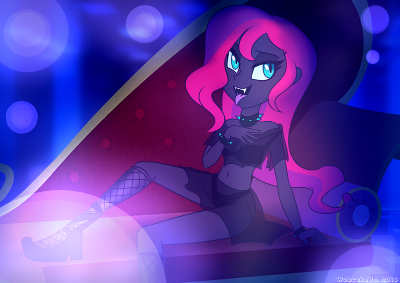 Size: 900x636 | Tagged: suggestive, artist:wubcakeva, derpibooru import, oc, oc:nightingale, unofficial characters only, vampire, equestria girls, bra, breasts, clothes, couch, female, hungry, not tempest shadow, see-through, service, solo, tongue out, underwear