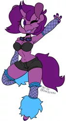 Size: 584x1074 | Tagged: safe, artist:inkystarz, derpibooru import, oc, oc:electroheart, unofficial characters only, anthro, unicorn, armpits, clothes, curved horn, cute, cute little fangs, fangs, female, fishnets, goggles, hooves, mare, one eye closed, peace sign, pose, shorts, signature, simple background, solo, tongue out, white background, wink