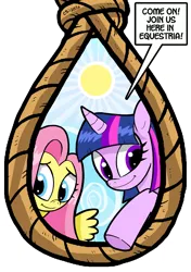 Size: 1000x1423 | Tagged: semi-grimdark, artist:curtsibling, derpibooru import, fluttershy, twilight sparkle, pegasus, pony, comedy, dark comedy, female, funny, gallows, humor, implied hanging, implied suicide, its a trap!, join us, mare, noose, portal to equestria, simple background, the equestria after death, transparent background