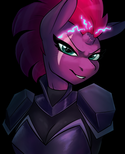 Size: 1280x1572 | Tagged: safe, artist:ambris, artist:jitterladybug, derpibooru import, tempest shadow, anthro, unicorn, my little pony: the movie, armor, bodysuit, breastplate, breasts, broken horn, busty tempest shadow, cleavage, eye scar, female, lightning, looking at you, scar, smiling, solo, sparking horn, sparkles