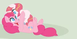 Size: 1024x520 | Tagged: safe, artist:theponythatdraws, derpibooru import, pinkie pie, oc, oc:strawberry, pony, unicorn, base used, female, filly, green background, holding a pony, mother and daughter, offspring, parent:pinkie pie, parent:prince blueblood, parents:bluepie, simple background