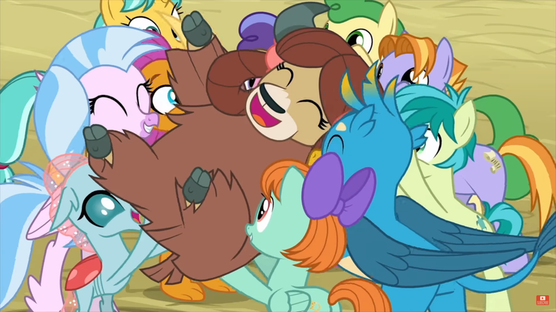 Size: 1920x1080 | Tagged: safe, derpibooru import, screencap, auburn vision, berry blend, berry bliss, citrine spark, fire quacker, gallus, huckleberry, ocellus, peppermint goldylinks, sandbar, silverstream, smolder, yona, changedling, changeling, classical hippogriff, earth pony, gryphon, hippogriff, pegasus, pony, unicorn, yak, school daze, season 8, background pony, bow, cloven hooves, cute, female, friendship always wins, friendship student, hair bow, male, mane bow, mare, monkey swings, school of friendship, stallion, student six, yonadorable