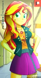 Size: 720x1360 | Tagged: safe, artist:the-butch-x, derpibooru import, sunset shimmer, equestria girls, equestria girls series, canterlot high, clothes, commission, cutie mark on clothes, female, geode of empathy, hallway, jacket, leather jacket, lockers, patreon, patreon logo, signature, skirt, smiling, solo