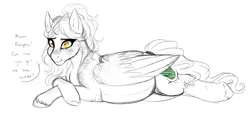 Size: 2369x1098 | Tagged: safe, artist:theecchiqueen, deleted from derpibooru, derpibooru import, oc, oc:whirlwind, unofficial characters only, pegasus, pony, alternate universe, body freckles, dialogue, female, freckles, mare, pregnant, prone, rule 63, sketch, solo, willowverse