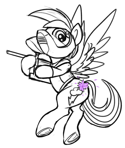 Size: 900x1064 | Tagged: safe, artist:tsitra360, derpibooru import, rainbow dash, pegasus, pony, clothes, female, gun, helmet, looking back, mare, monochrome, paintball, paintball gun, requested art, simple background, sketch, solo, weapon, white background