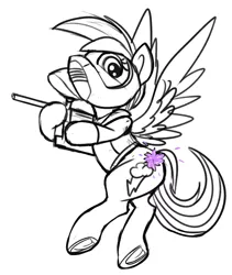 Size: 900x1064 | Tagged: safe, artist:tsitra360, derpibooru import, rainbow dash, pegasus, pony, clothes, female, gun, helmet, looking back, mare, monochrome, paintball, paintball gun, requested art, simple background, sketch, solo, weapon, white background