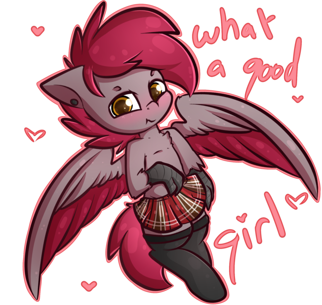 Size: 1994x1890 | Tagged: artist:ashee, blushing, clothes, crossdressing, cute, derpibooru import, ear piercing, femboy, good girl, hippogriff, male, moe, oc, ocbetes, oc:velvet quill, piercing, plaid, plaid skirt, pleated skirt, safe, simple background, skirt, socks, stockings, thigh highs, transparent background, tsundere, unofficial characters only