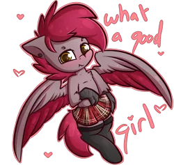 Size: 1994x1890 | Tagged: artist:ashee, blushing, clothes, crossdressing, cute, derpibooru import, ear piercing, femboy, good girl, hippogriff, male, moe, oc, ocbetes, oc:velvet quill, piercing, plaid, plaid skirt, pleated skirt, safe, simple background, skirt, socks, stockings, thigh highs, transparent background, tsundere, unofficial characters only