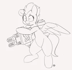 Size: 1280x1241 | Tagged: safe, artist:pabbley, derpibooru import, spitfire, pony, 30 minute art challenge, bipedal, flamethrower, heavy flamer, monochrome, solo, spitfiery, warhammer (game), warhammer 40k, weapon