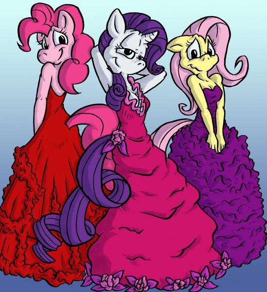 Size: 1172x1280 | Tagged: anthro, armpits, artist:driprat, clothes, commission, derpibooru import, dress, female, fluttershy, gown, looking at you, looking over shoulder, pinkie pie, pose, rarity, safe, smiling, wingless, wingless anthro