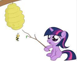 Size: 4096x3241 | Tagged: safe, artist:amarthgul, derpibooru import, twilight sparkle, bee, pony, beehive, female, filly, filly twilight sparkle, high res, simple background, solo, this will end in bees, this will end in pain, this will end in tears, transparent background, twig, vector, younger