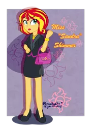 Size: 1024x1411 | Tagged: safe, artist:crazyplantmae, derpibooru import, sunset shimmer, equestria girls, alternate hairstyle, beautiful, clothes, female, high heels, human sunset, lipstick, purse, shoes, side slit, skirt, skirt suit, solo, suit, watermark