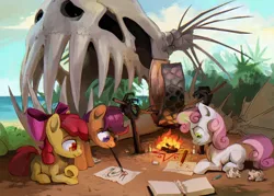 Size: 900x644 | Tagged: safe, artist:cannibalus, artist:dearmary, derpibooru import, apple bloom, scootaloo, sweetie belle, dragon, earth pony, pegasus, pony, unicorn, bone, campfire, collaboration, cutie mark crusaders, drawing, female, filly, fire, magic, paper, ponies eating meat, skeleton, skull, telekinesis, trio